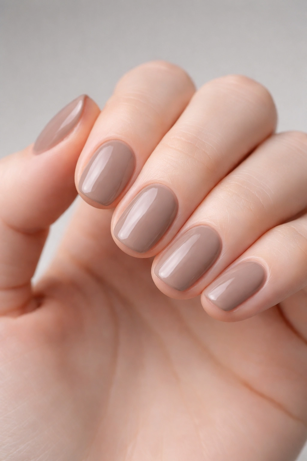 Close-up of pale-skinned hand with soft taupe nails on neutral gray background