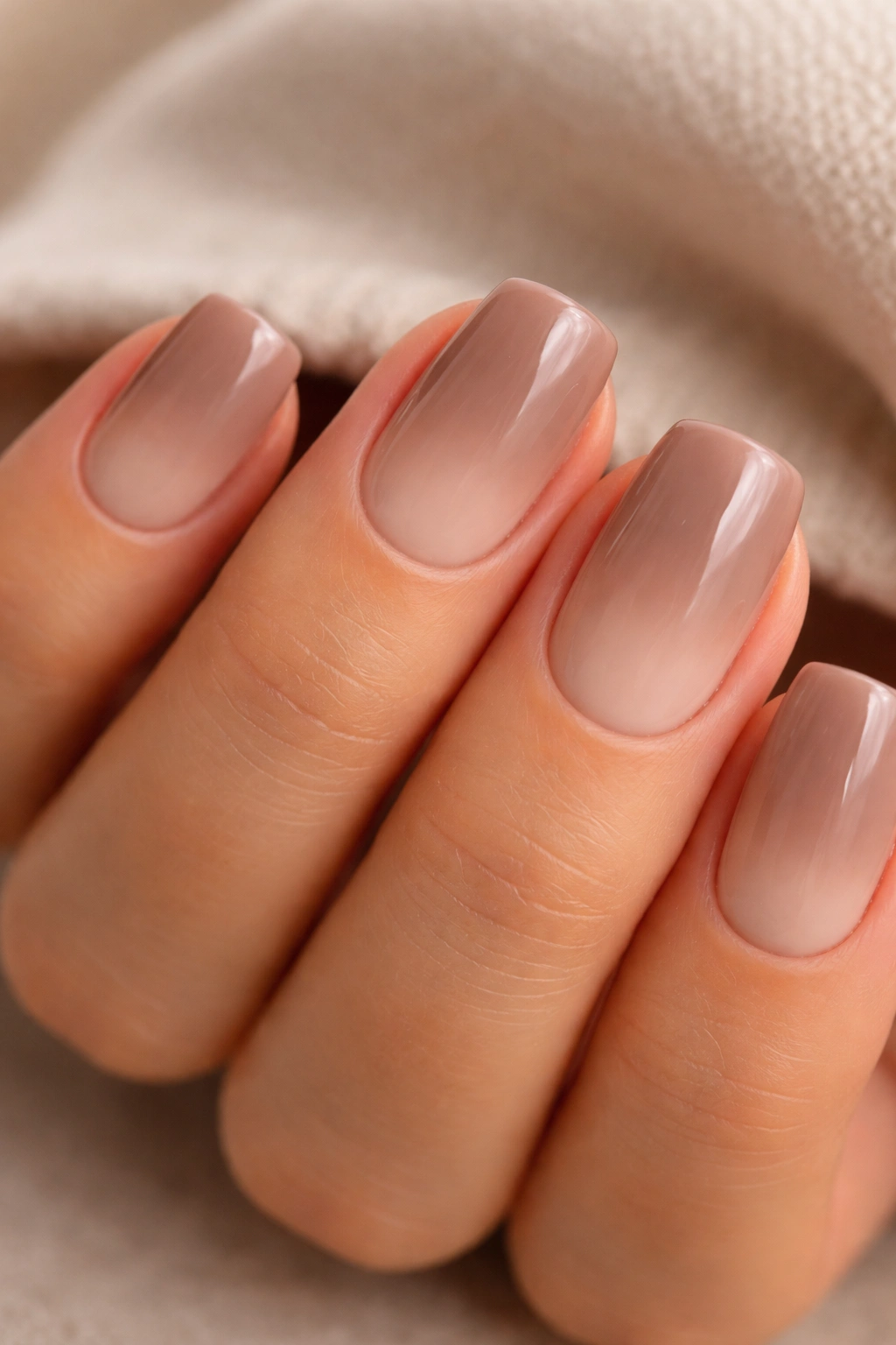 Close-up of taupe-to-nude reverse ombre on short squoval nails.