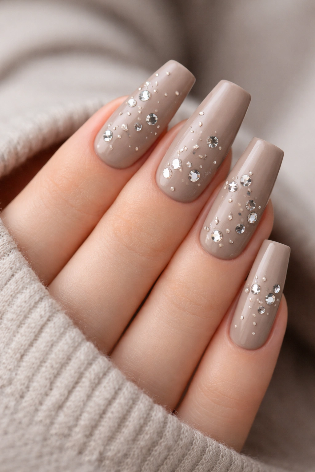 Close-up of taupe beige coffin nails with scattered nude and clear rhinestones