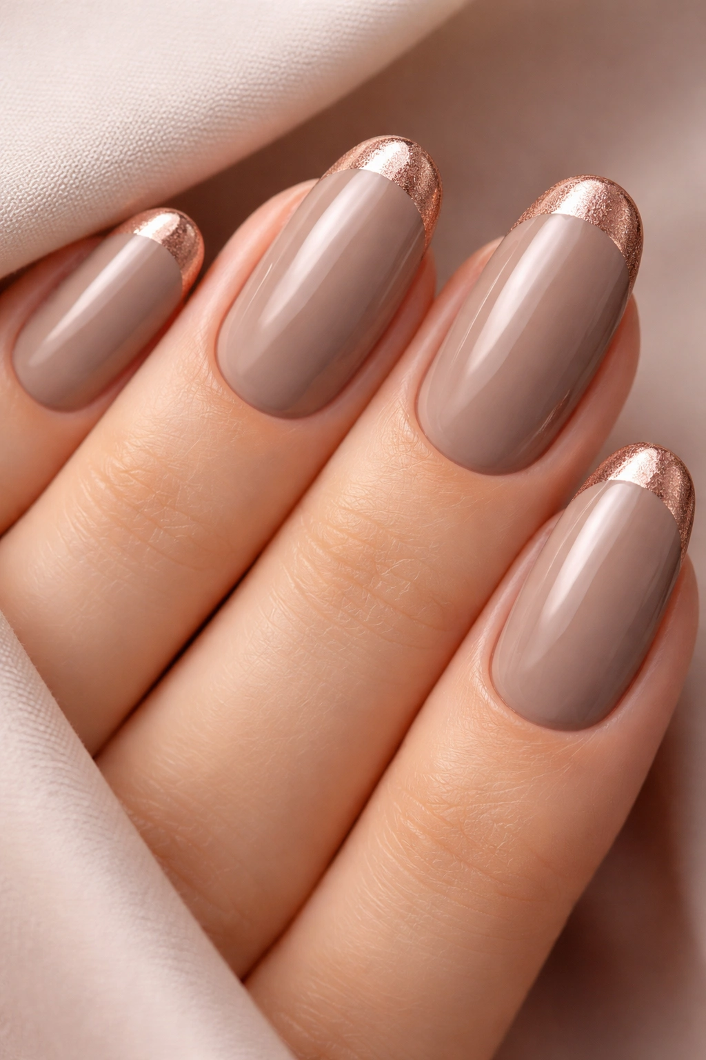 Close-up of taupe nails with rose gold tips on long oval shape.