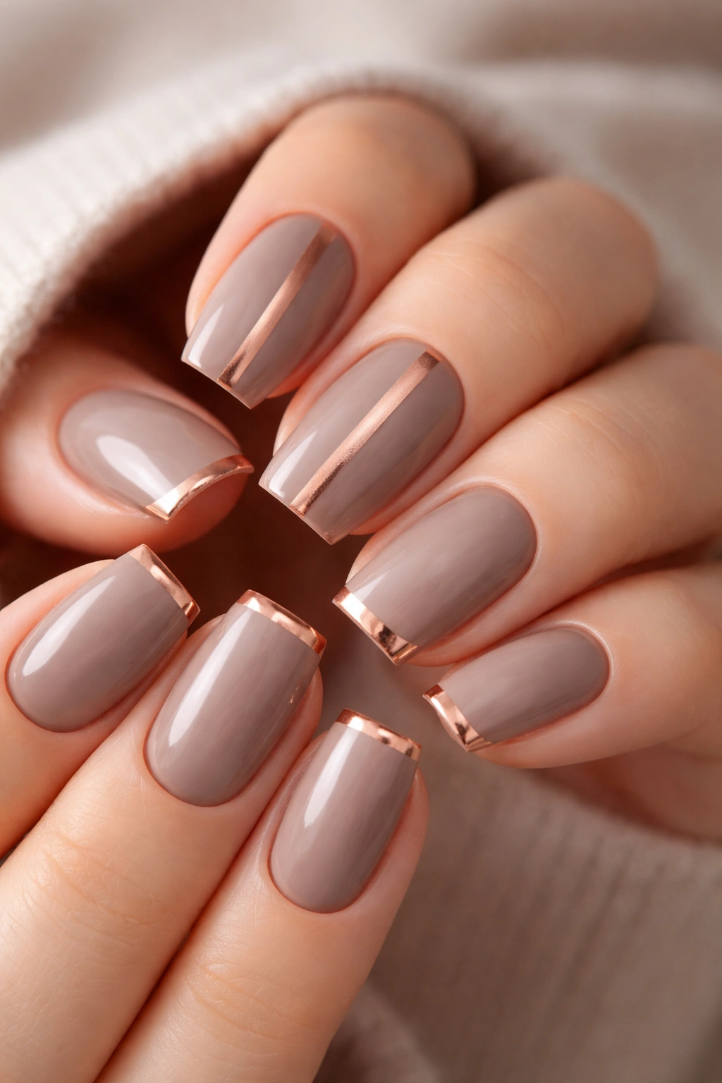Warm taupe nails with rose gold stripes and tips