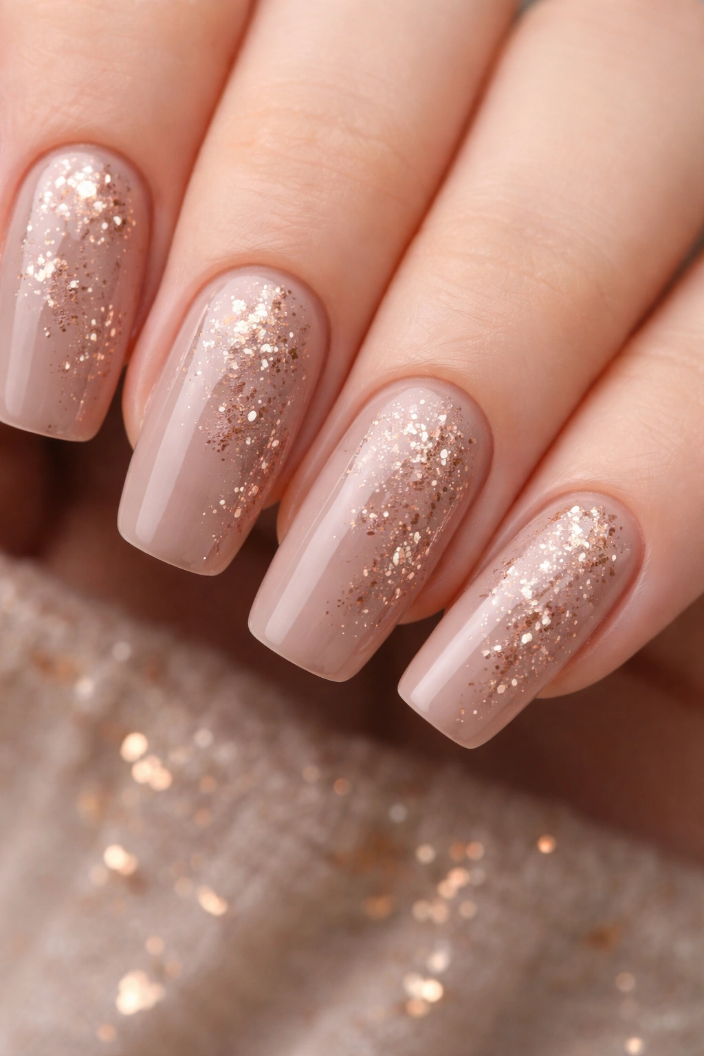 Close-up of nails in soft taupe with scattered rose gold flakes