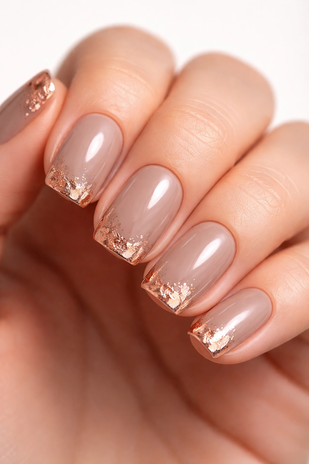 Close-up of short taupe nails with rose gold foil at the tips