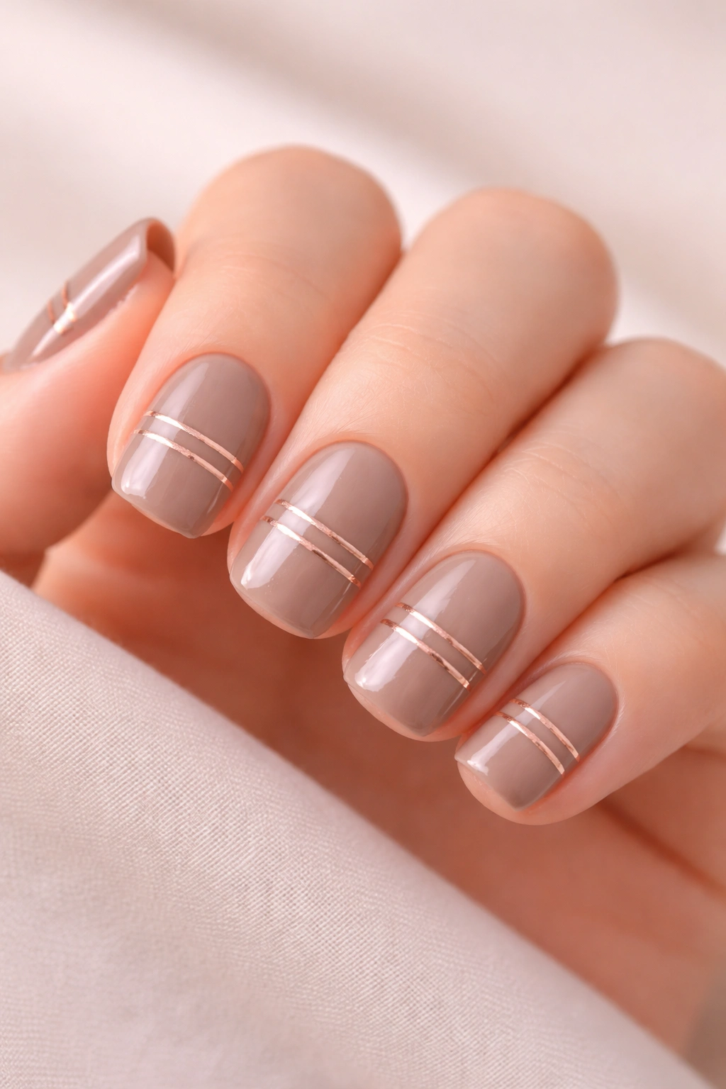 Taupe nails with rose gold thin stripes on short squoval nails