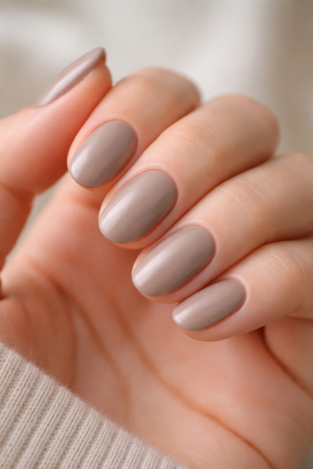 Close-up of taupe short oval press-on nails with satin finish on bare skin