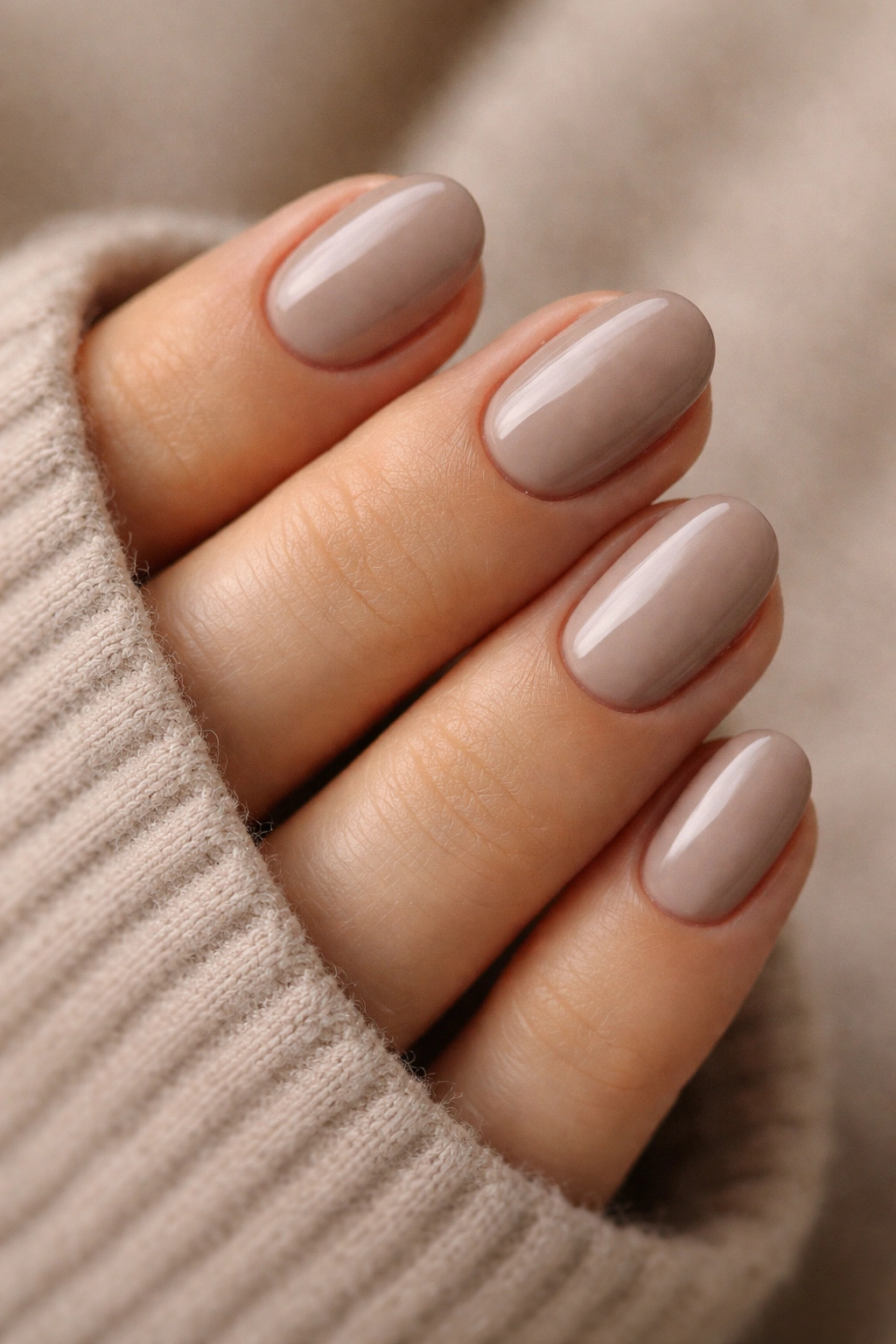 Close-up of short oval taupe nails with matte finish