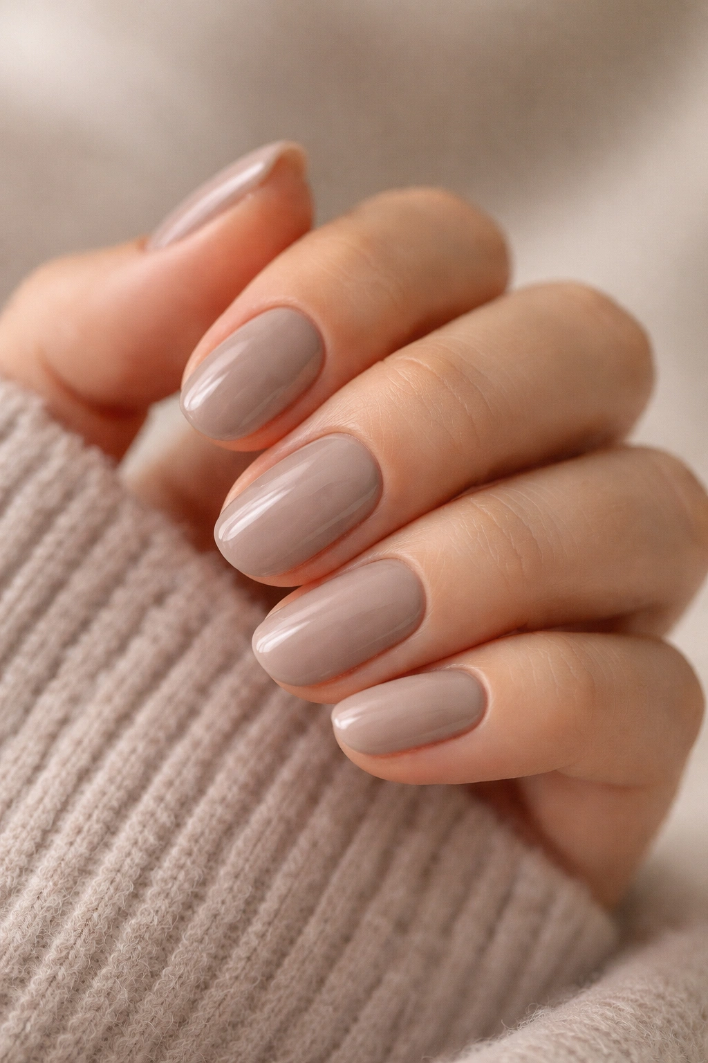 Close-up of a hand with soft taupe short oval nails, polished and neat