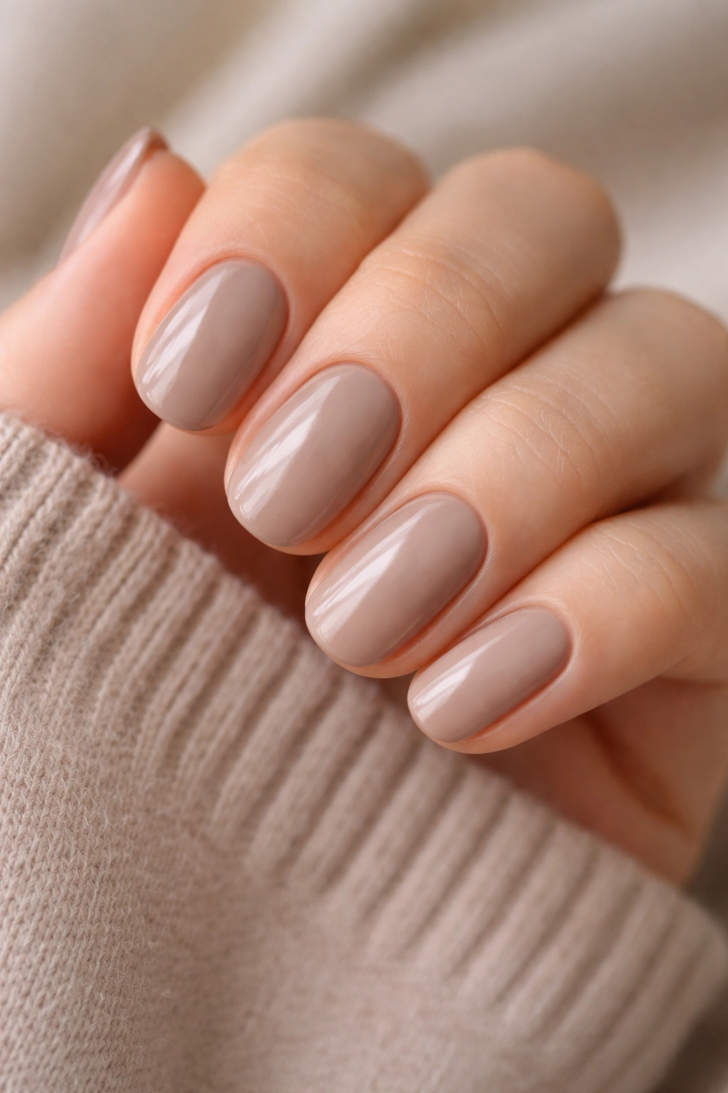 Close-up of short oval nails in soft taupe with glossy finish