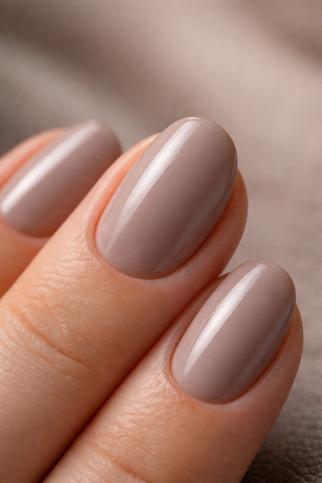 Close-up of taupe short oval overlay nail with satin finish
