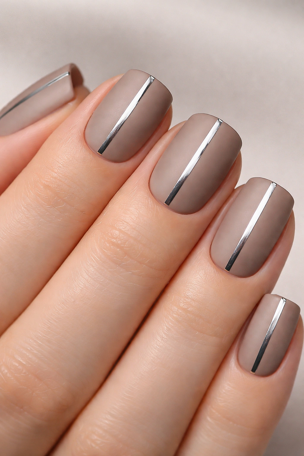 Close-up of matte taupe nails with a thin glossy silver stripe