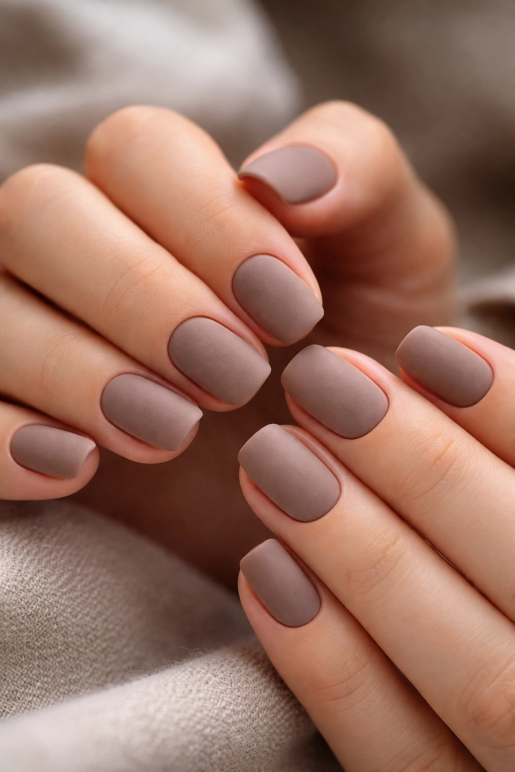 Close-up of velvet taupe square-oval nails with matte finish