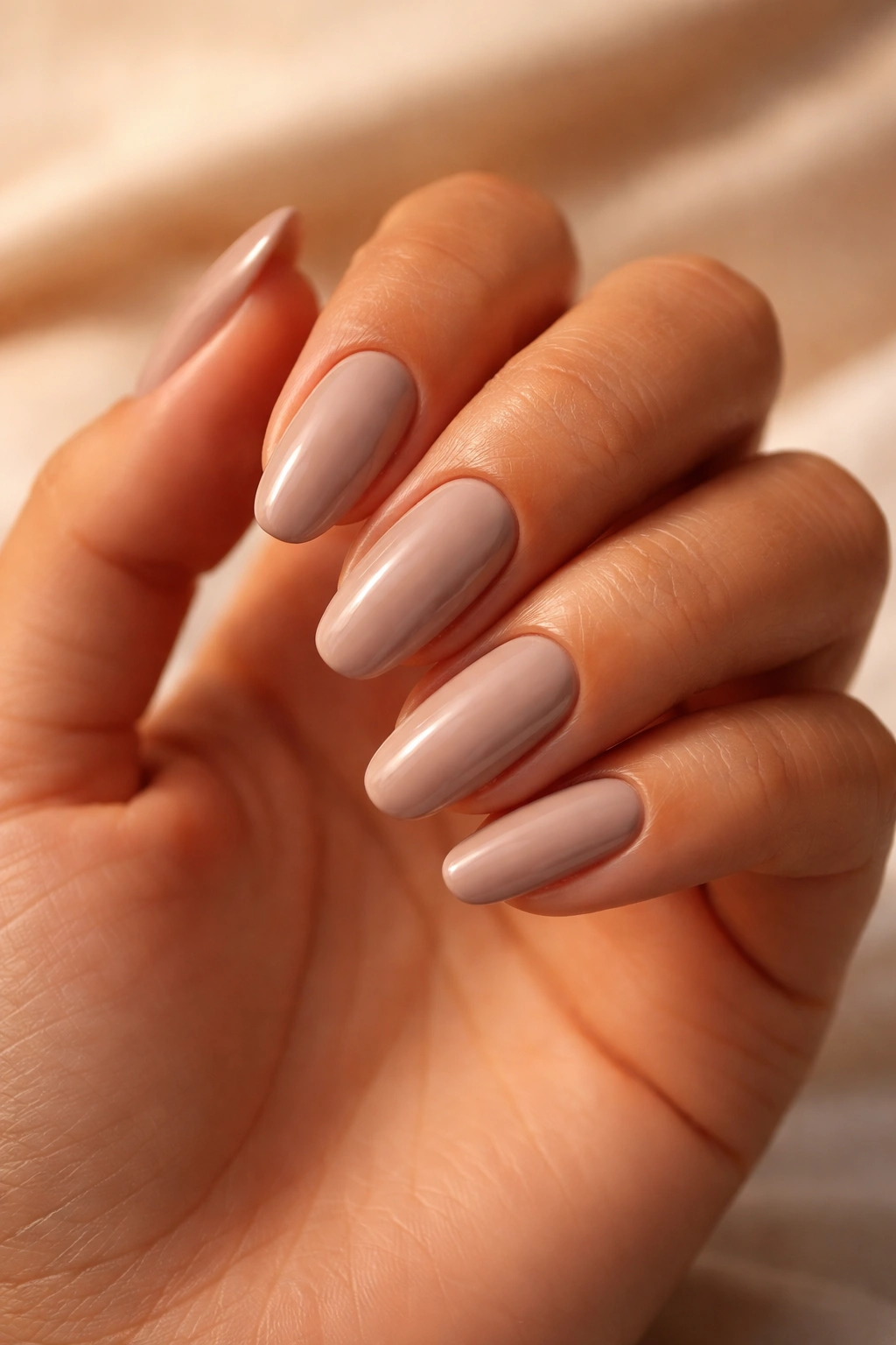 Close-up of taupe nude nails on tan skin