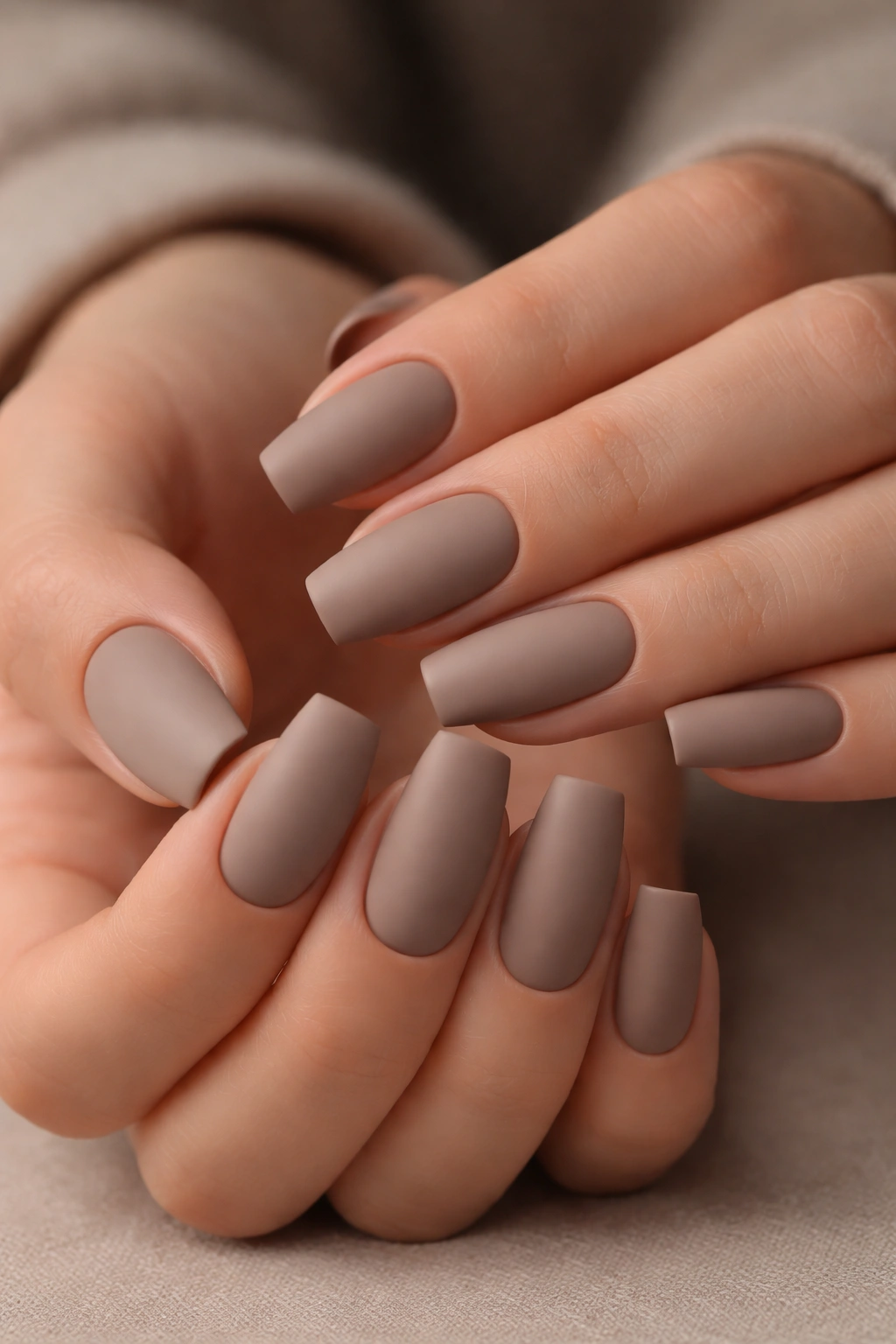 Taupe stone short-medium ballerina nails with ultra-fine matte finish