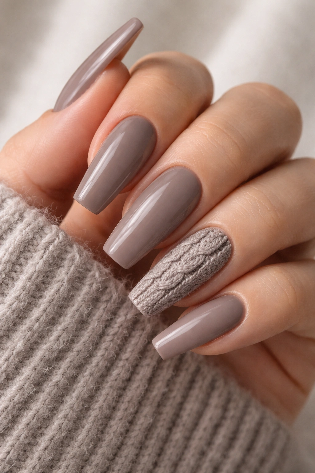 Close-up of taupe sweater-texture ballerina nails with textured accent nail