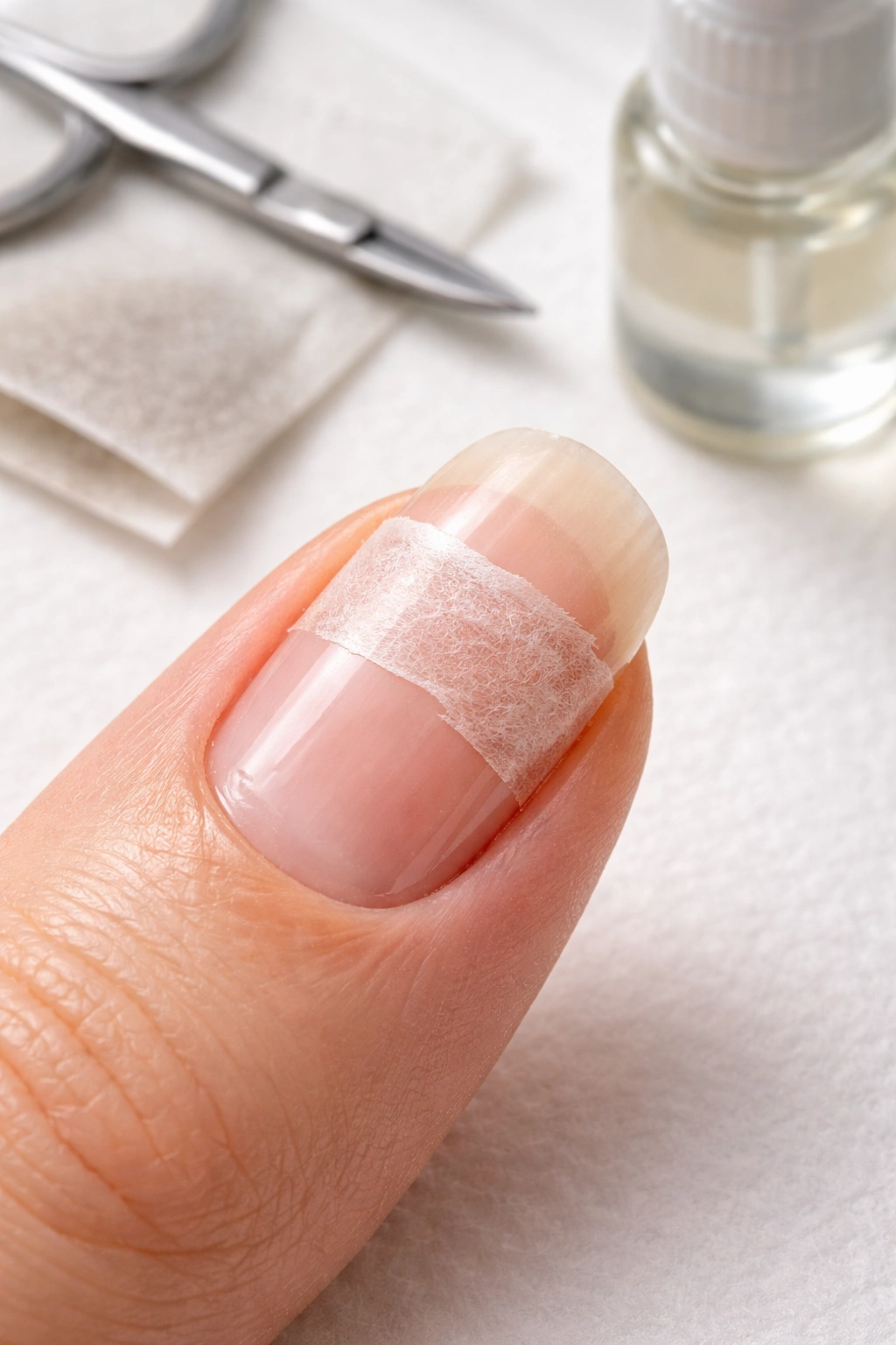 Close-up of a fingernail with a tea bag patch applied for repair