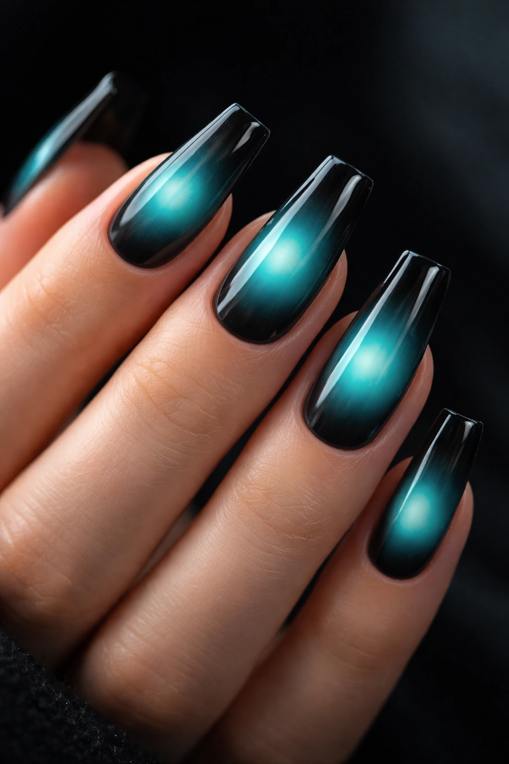 Teal aura nails fading into black edges on ballerina nails with glossy finish