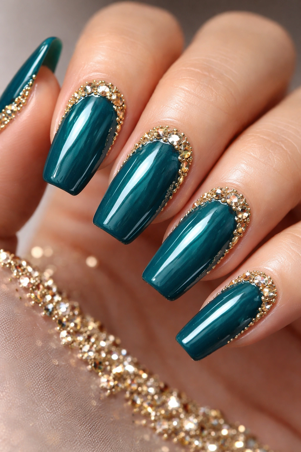 Teal base nails accented with gold rhinestones along the edges.