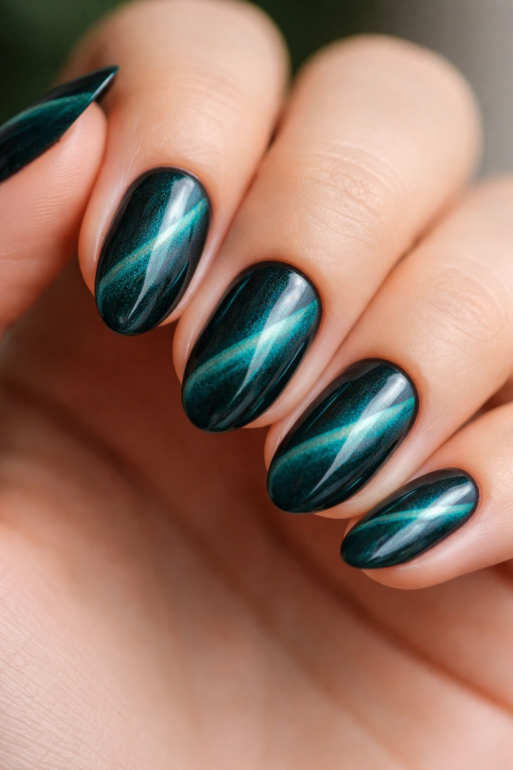 Short almond nail with teal cat-eye effect and diagonal magnetic stripe