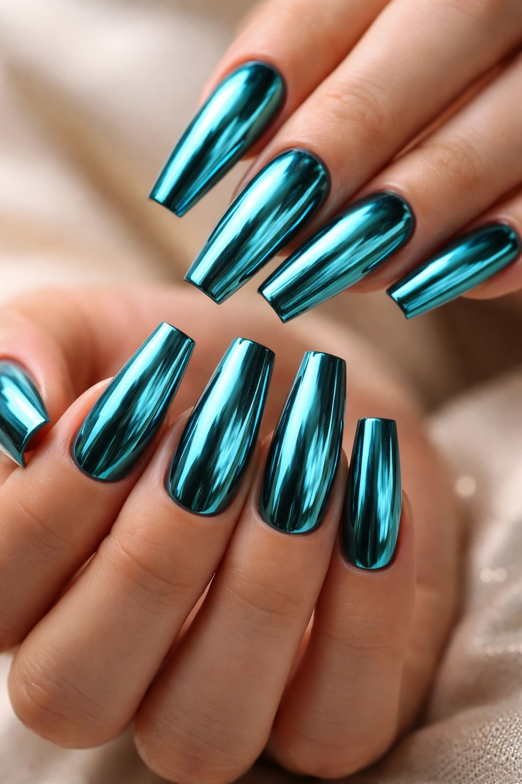 Teal coffin nails with mirror chrome finish reflecting light