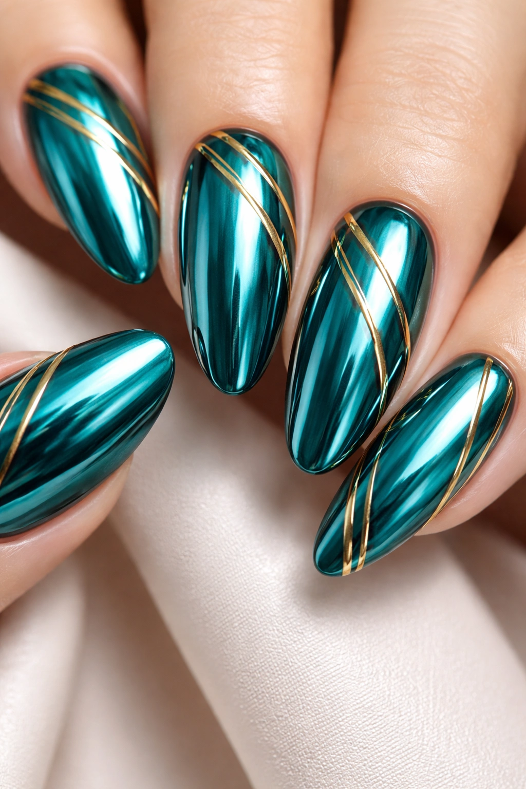 Close-up of teal chrome nails with thin gold stripes and a mirror-like shine.