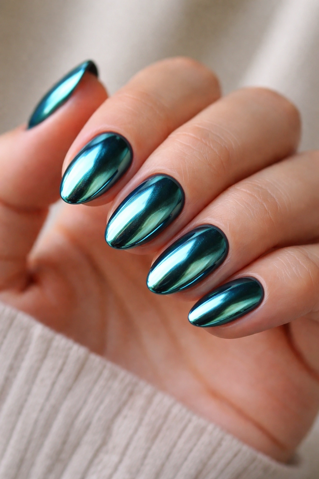 Close-up of teal chrome almond nails with reflective metallic finish