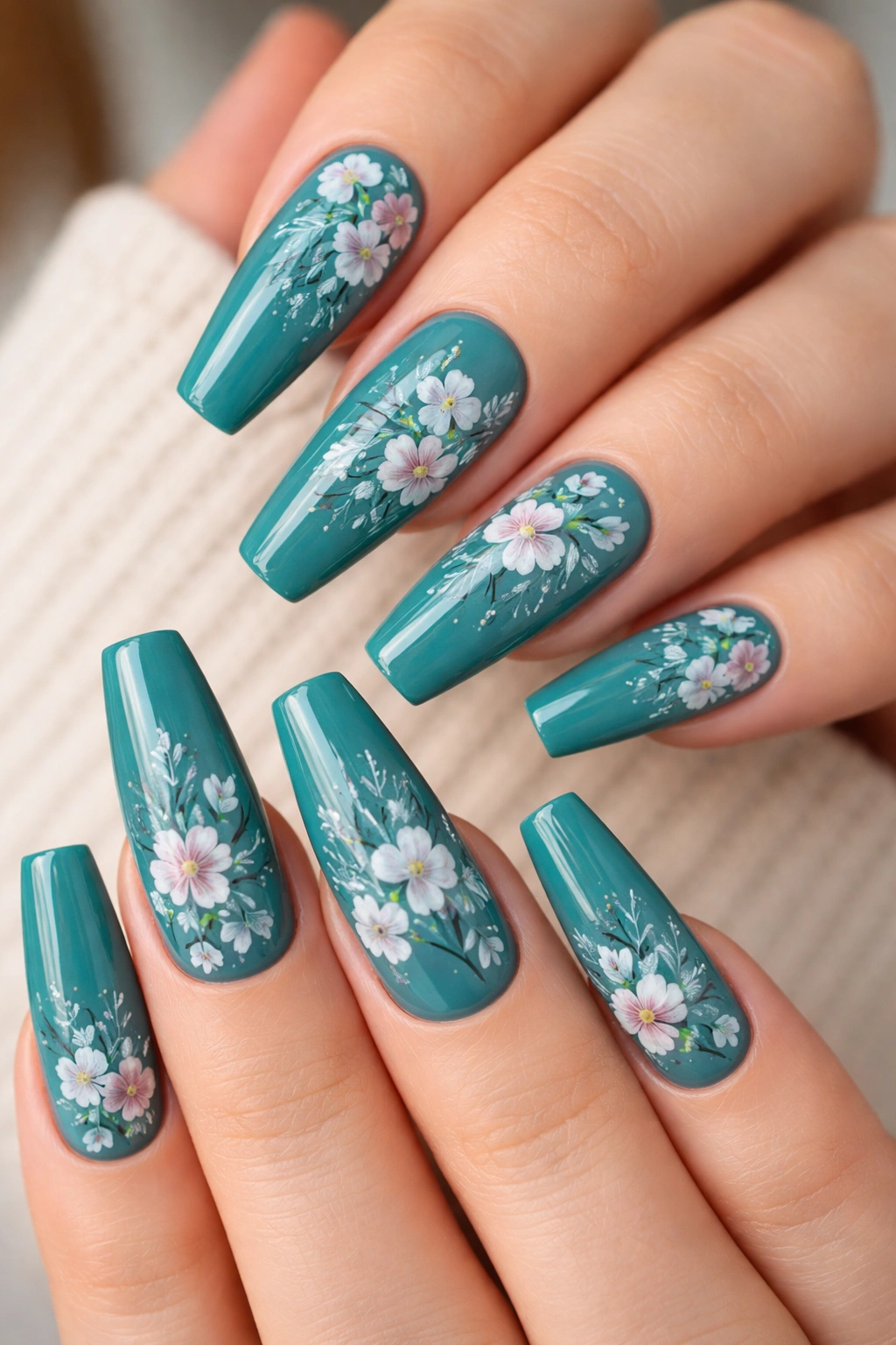 Teal coffin nails with hand-painted floral details on each nail