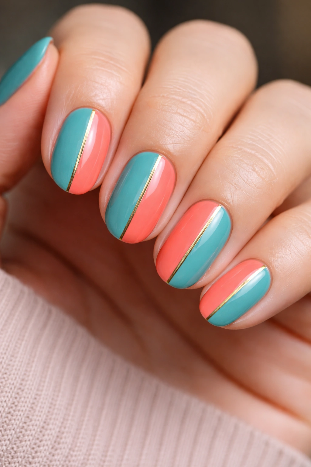 Short oval teal and coral split nails with a thin separator line