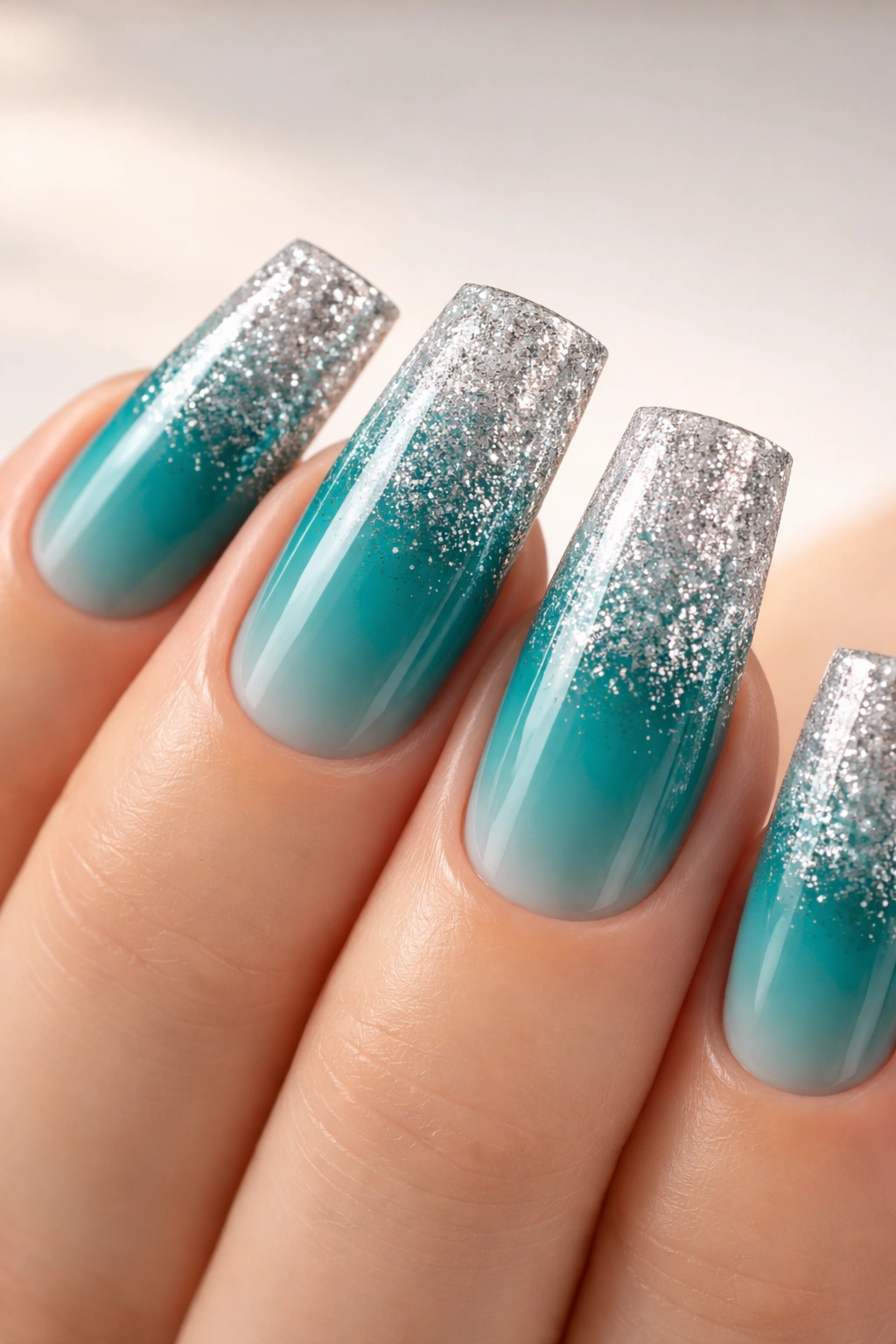 Duck nail with teal base and silver fine glitter ombre at tip.