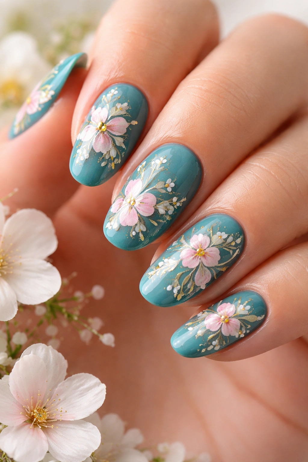 Teal nails with hand-painted floral designs in pink and white
