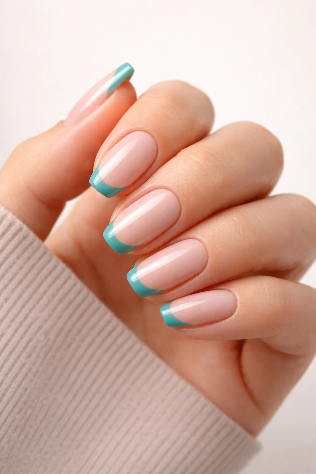 Close-up of minimalist teal French tip manicure on nude base