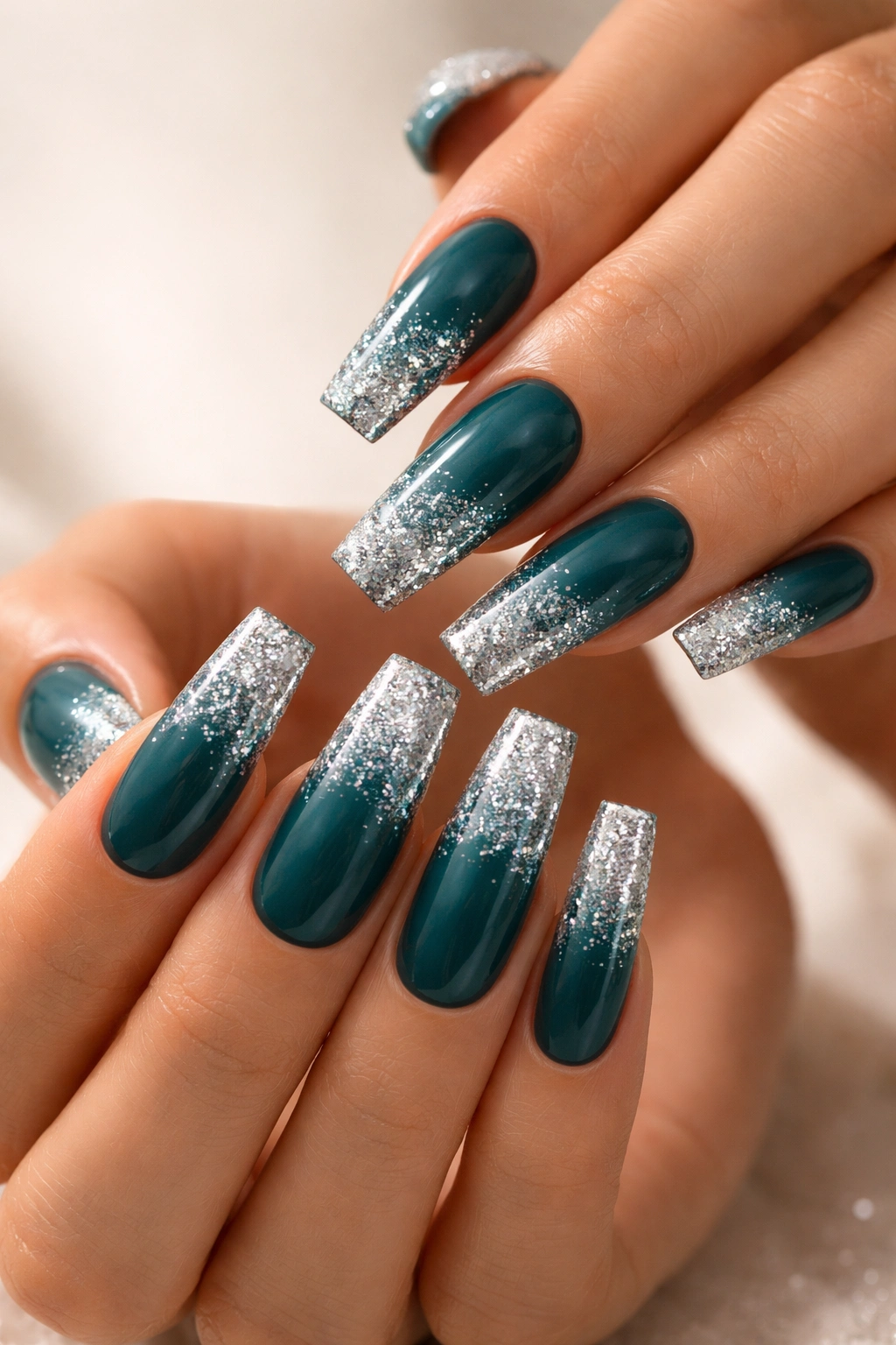 Teal coffin nails with glitter tips in a gradient sparkle