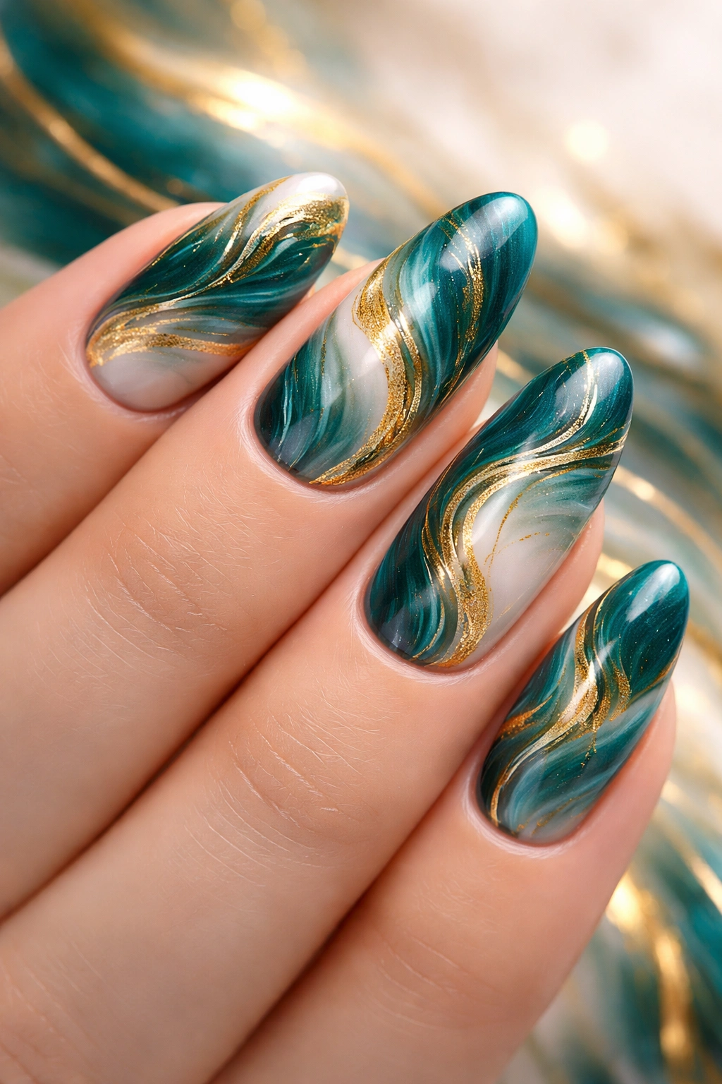 Nails featuring teal and gold abstract swirling patterns in a studio setting.