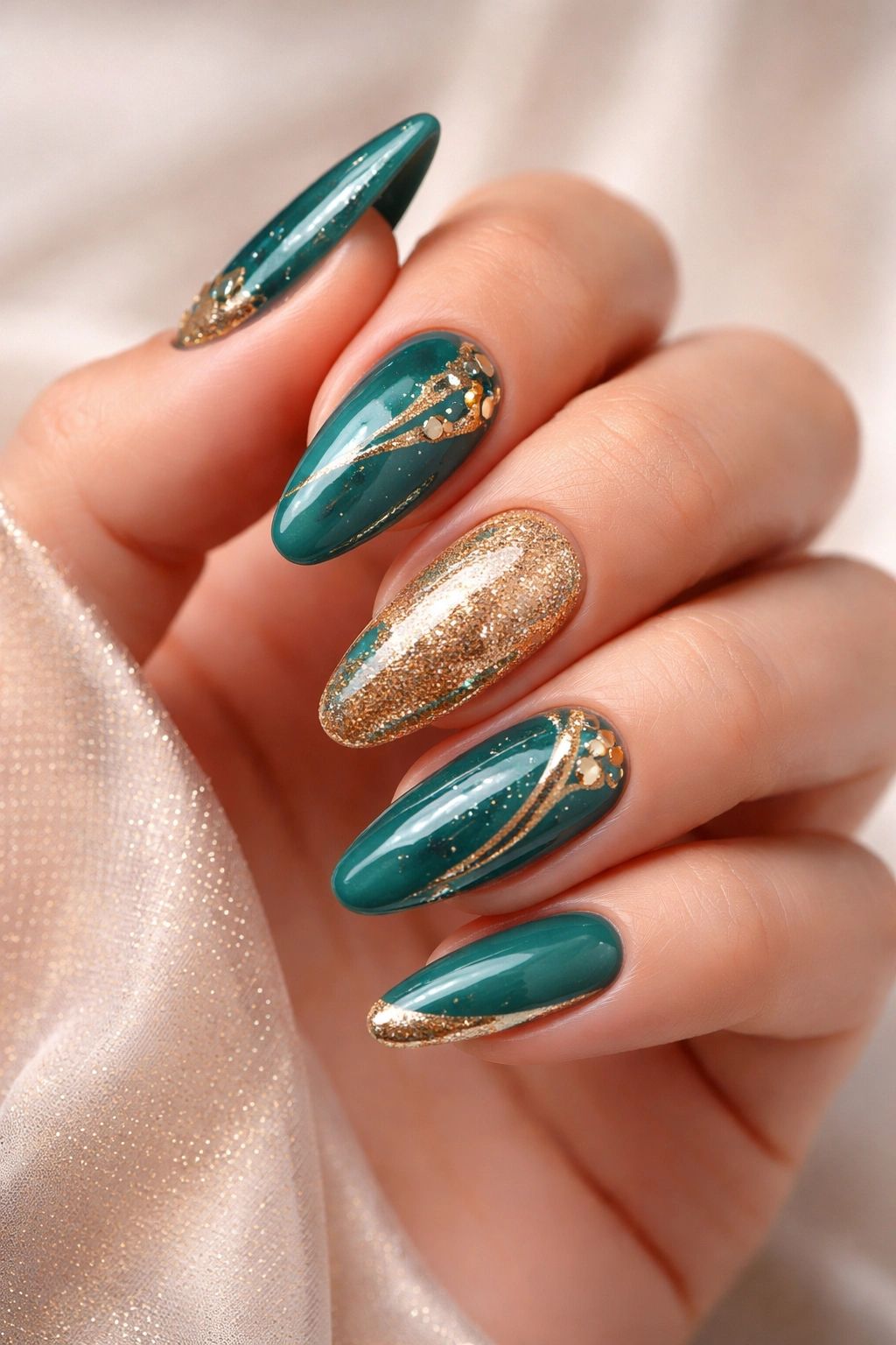 Close-up of a hand showing a finished teal and gold manicure.