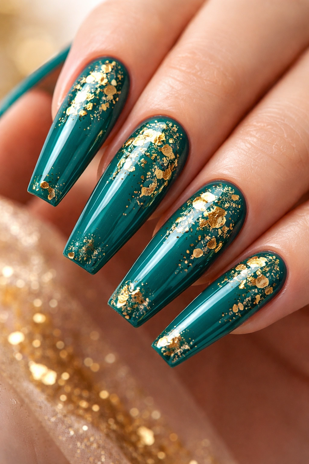 Coffin nails in vibrant teal with gold foil leaf details