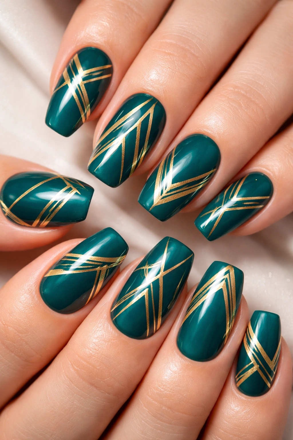 Teal nails with gold geometric shapes in precise patterns, close-up