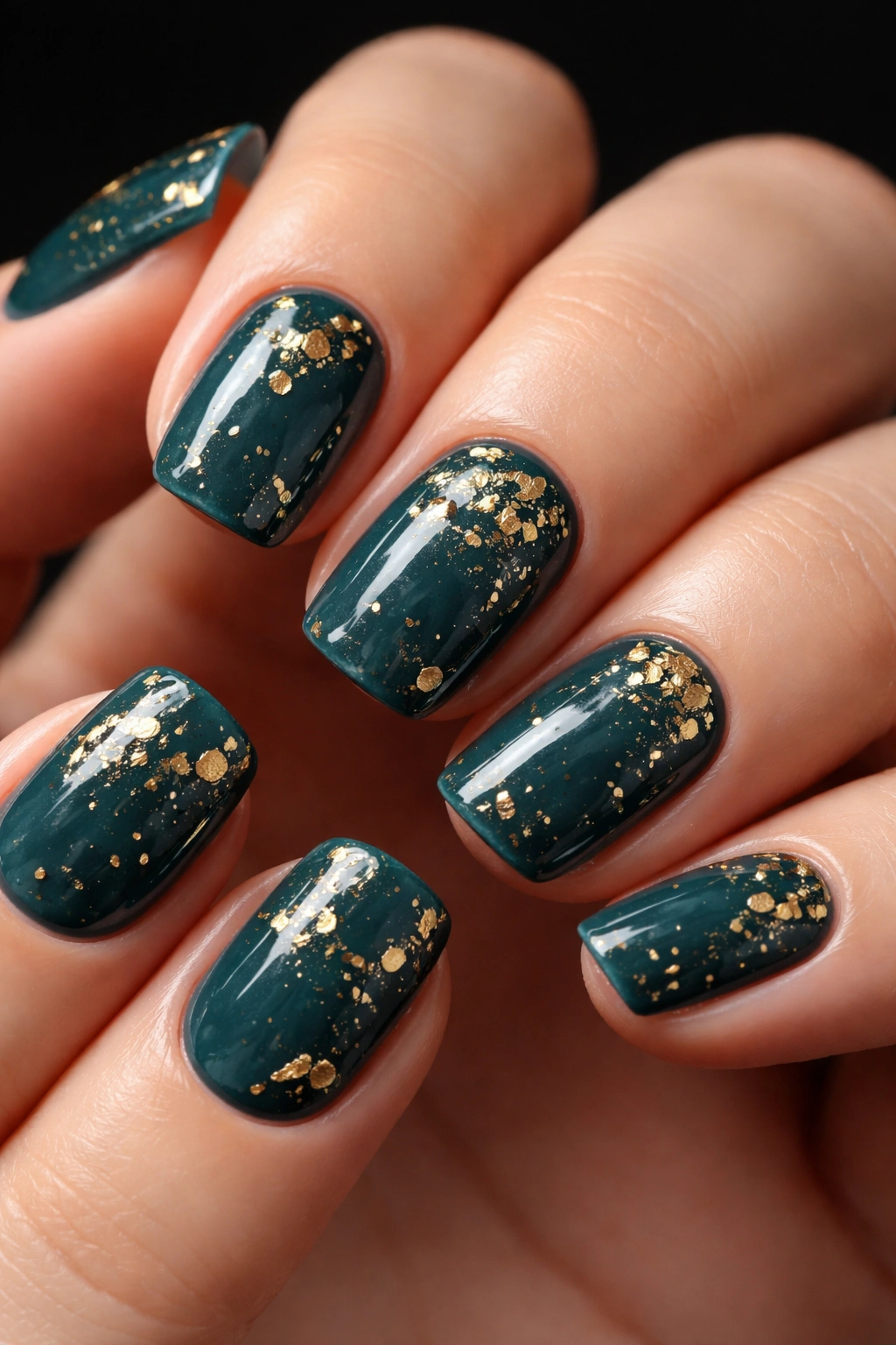 Close-up of deep teal squoval nails with scattered gold leaf