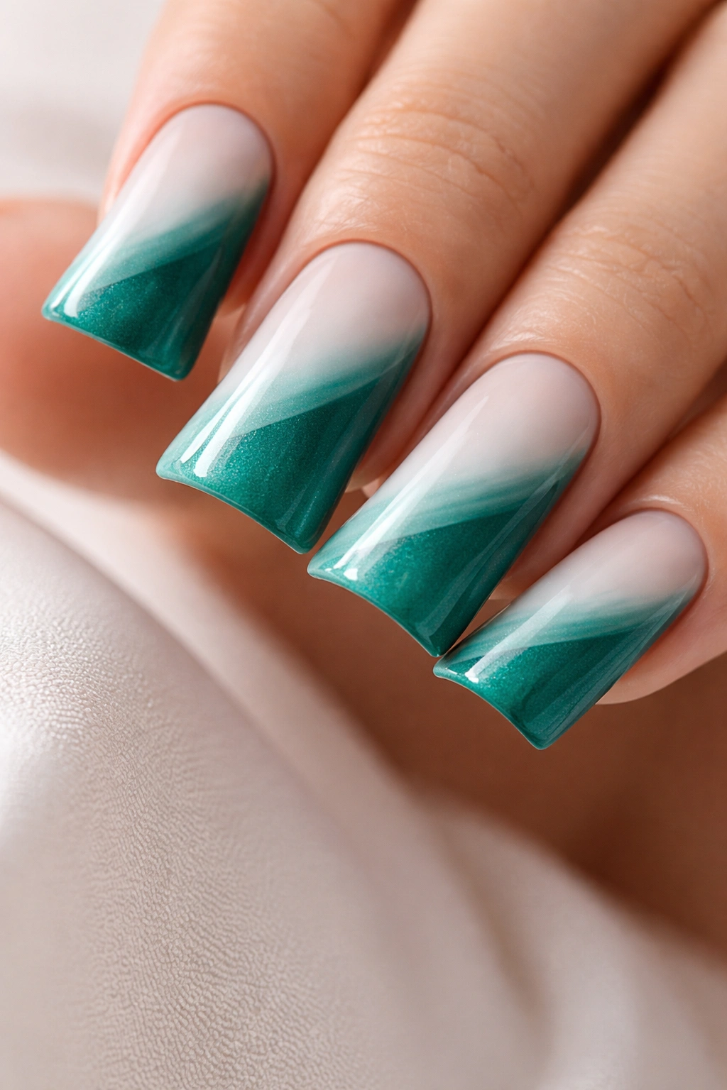 Teal to white gradient on duck nails with teal-green color