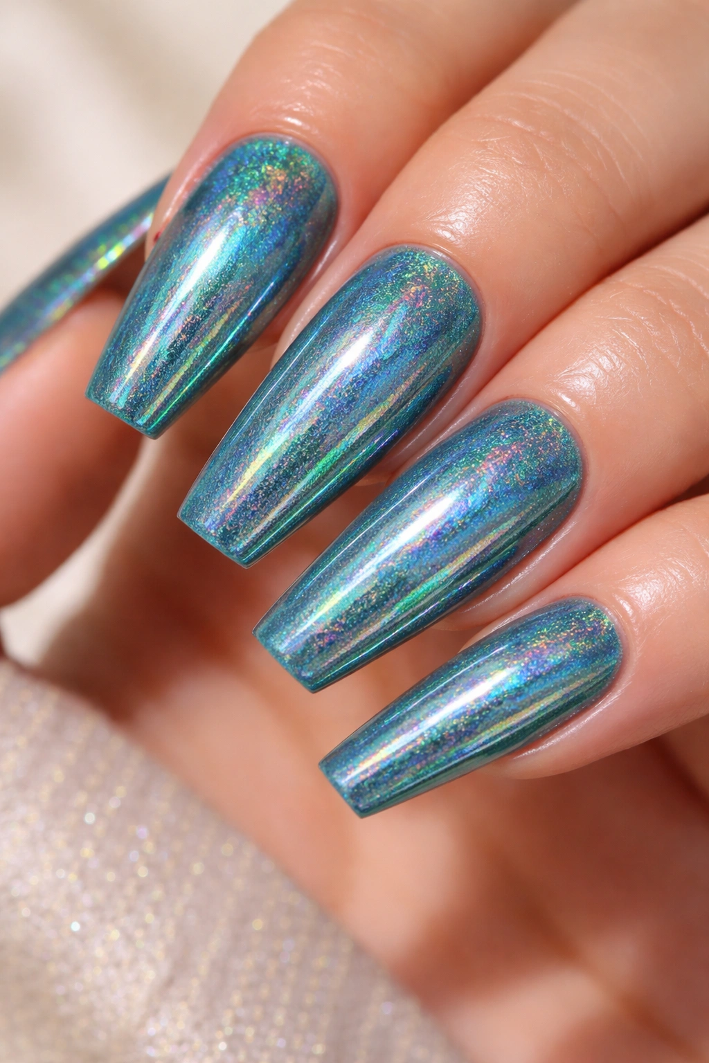 Close-up of coffin nails with teal holographic finish and rainbow reflections.