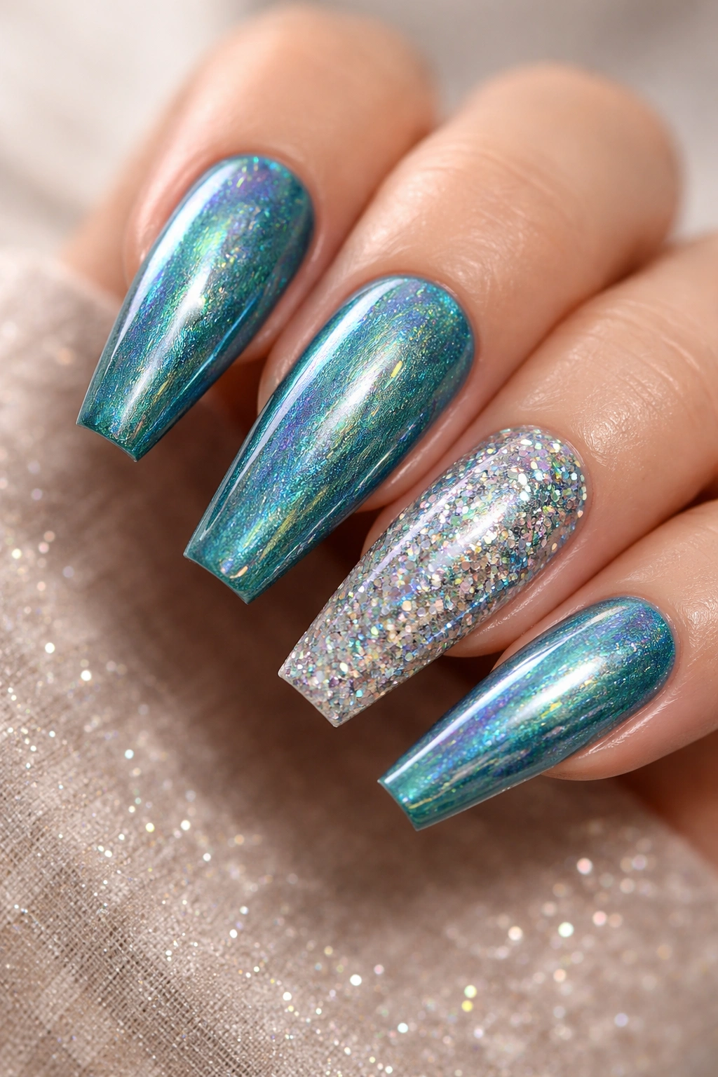 Teal holographic coffin nails with scattered iridescent glitter.