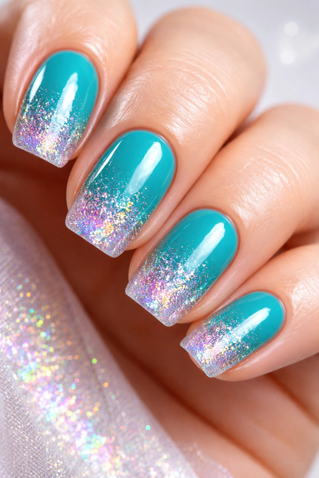 Close-up of short squoval nails in teal with holographic ombre tips