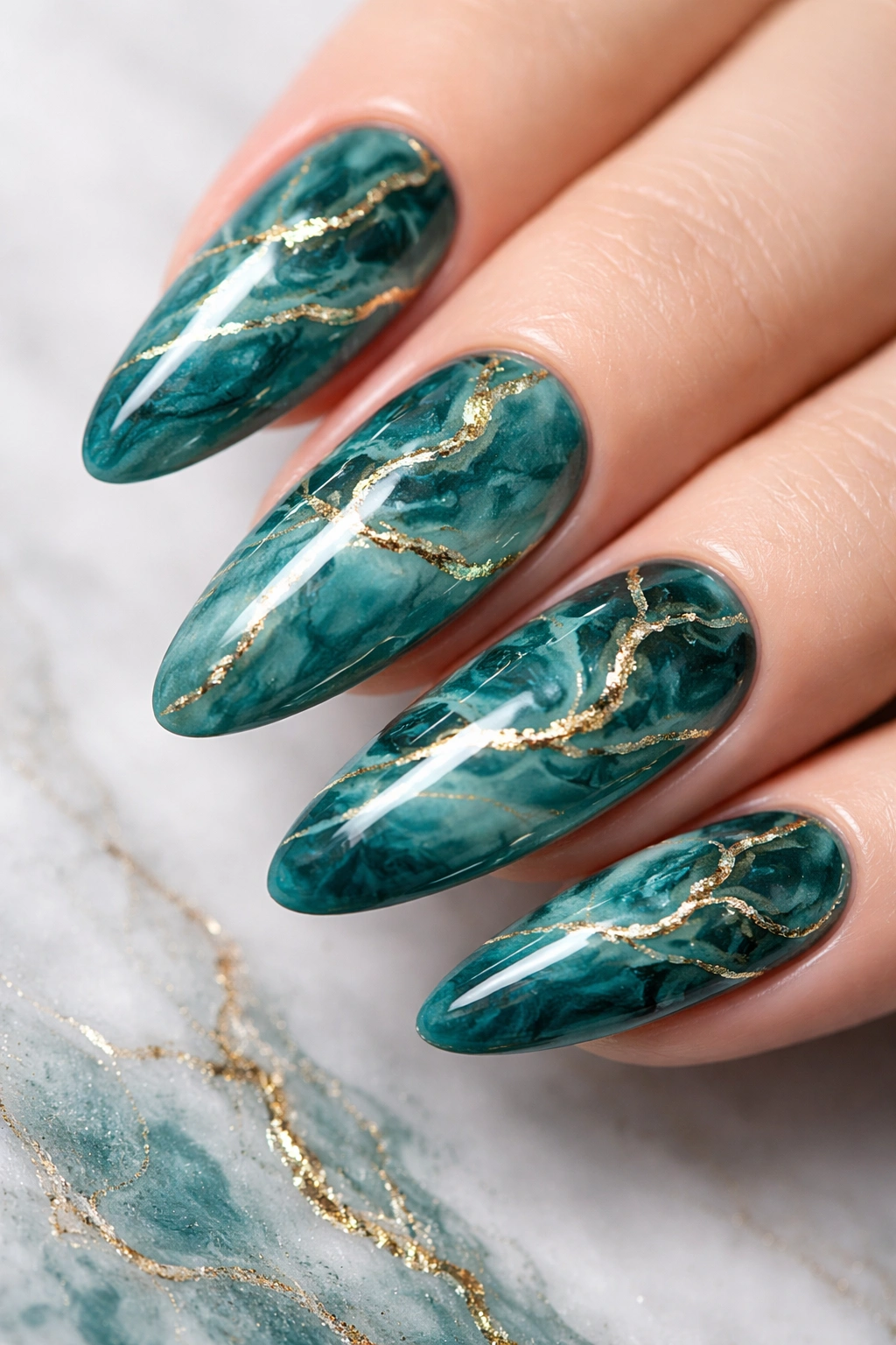 Close-up of teal marble nails with gold veining for a luxe stone look