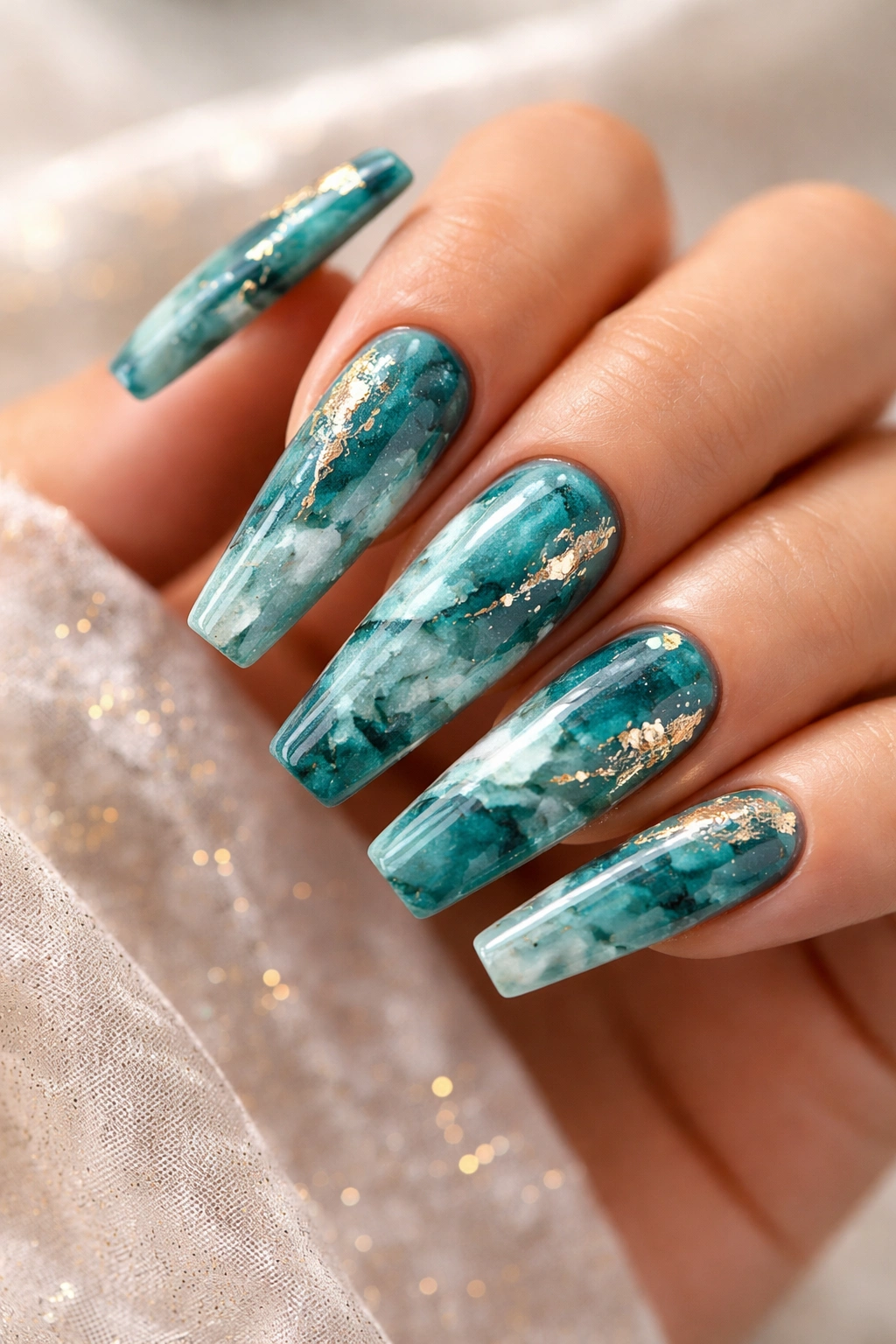 Teal marble nails with gold foil inlays on coffin shape