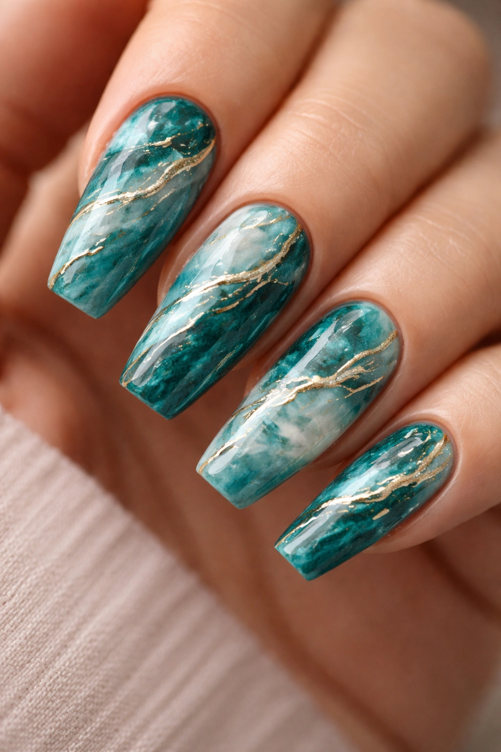 Teal marble nails with white and gold veining close-up