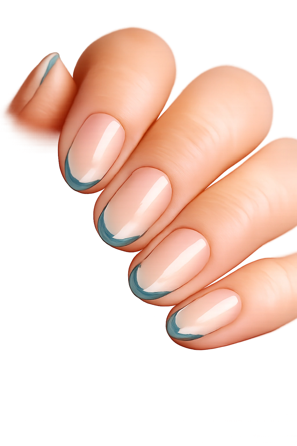 Close-up of teal micro-French on a short almond nail with clear base