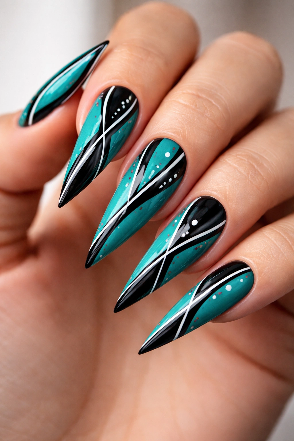 Teal stiletto nails with black linear designs and white accents