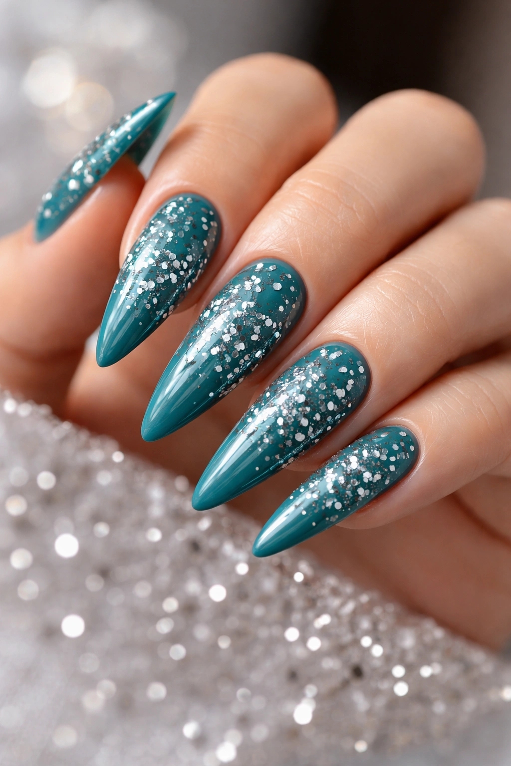 Teal stiletto nails with scattered silver confetti on a neutral background