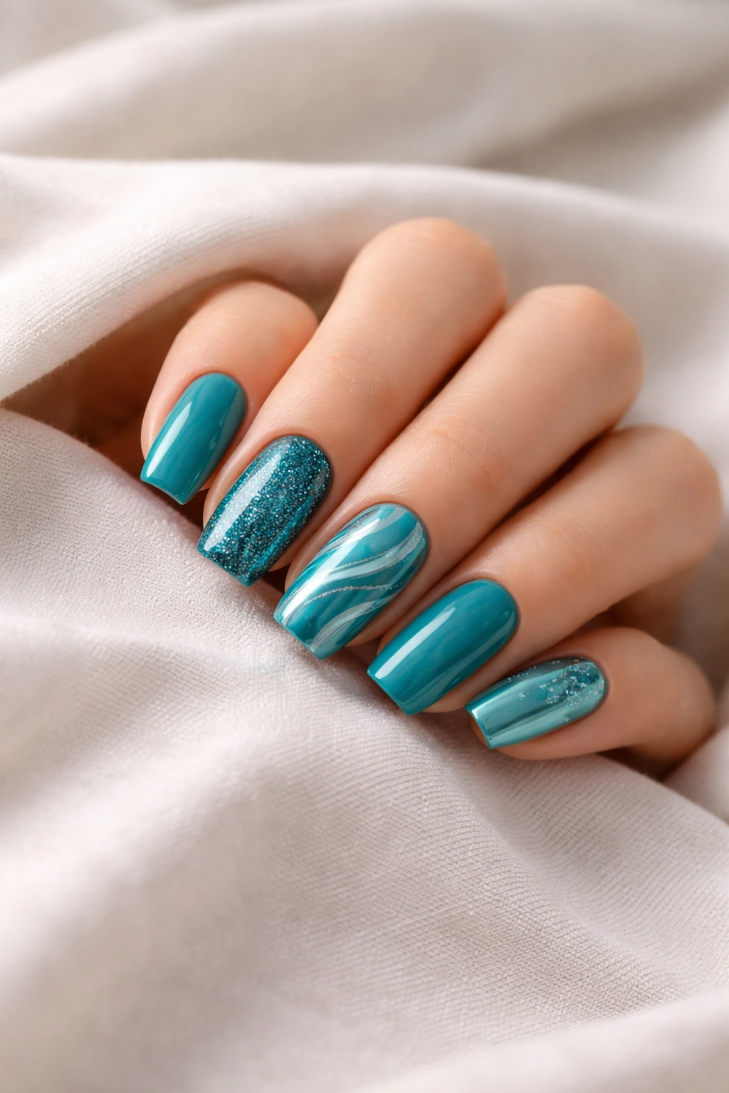 Minimal scene with teal nails, concluding the teal nail ideas guide