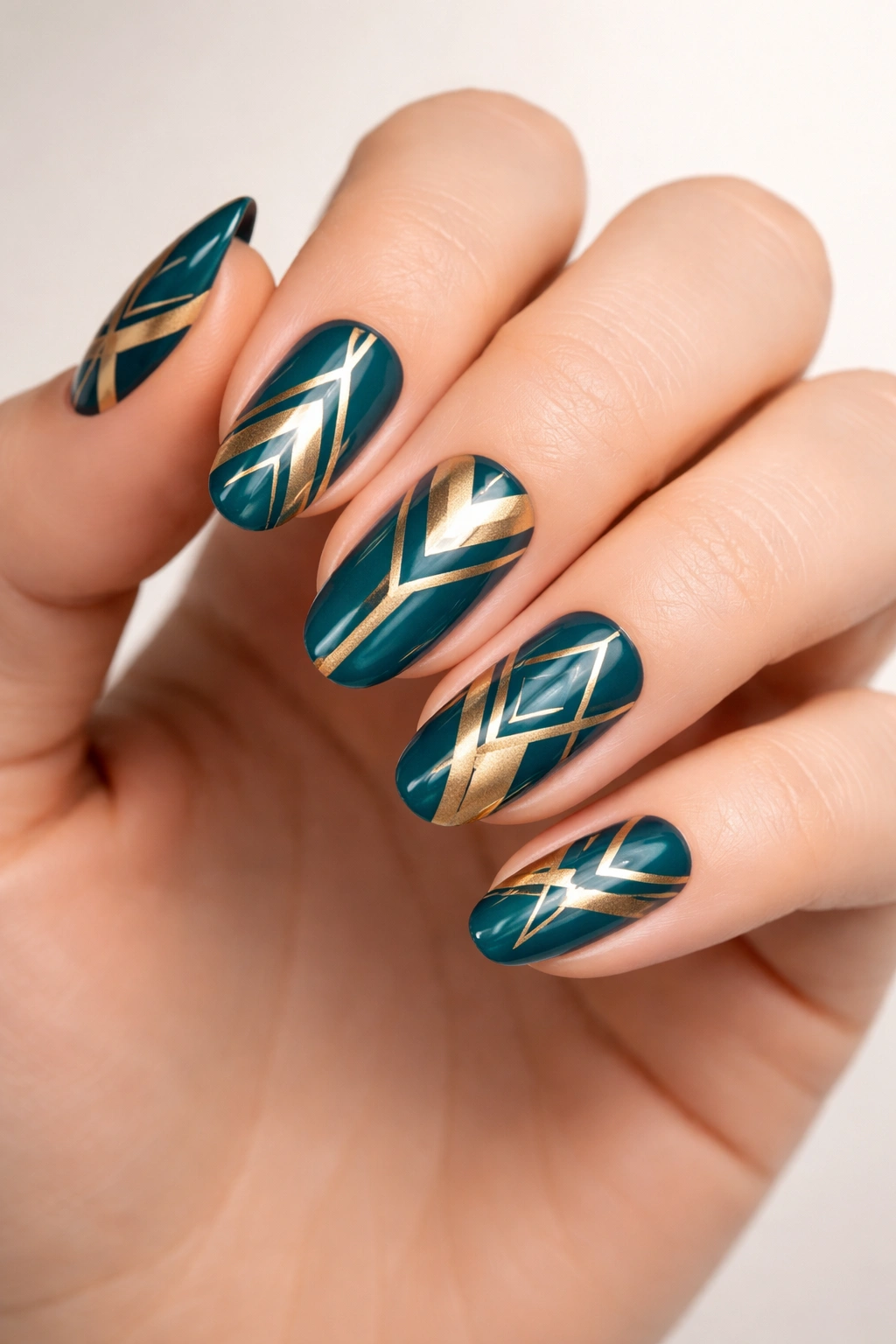 Close-up of teal nails featuring geometric gold patterns on a neutral backdrop