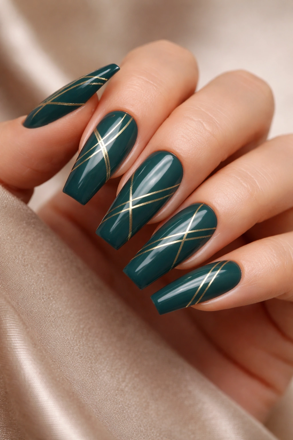 Close-up of coffin nails with deep teal polish and thin gold geometric lines
