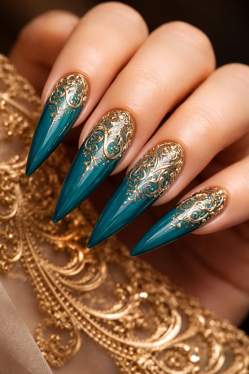 Close-up of teal nails with thin gold filigree patterns on stiletto tips